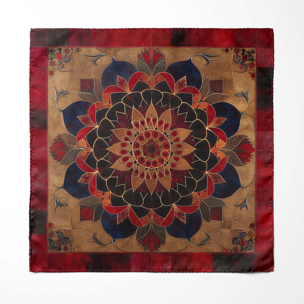 Genuine Silk Garnet Mandala and Royal Lotus Pocket Square