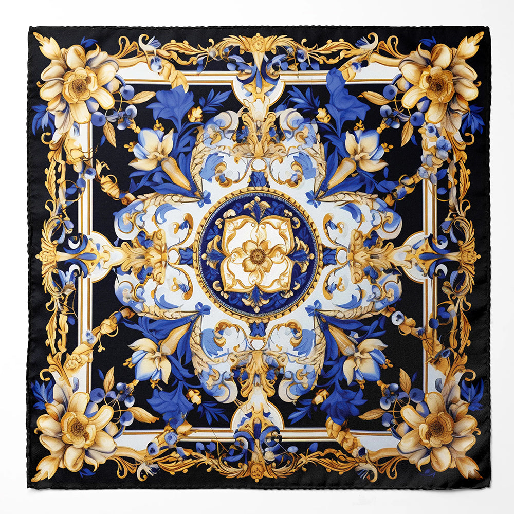 Genuine Silk Gold Baroque and Sapphire Bloom Pocket Square