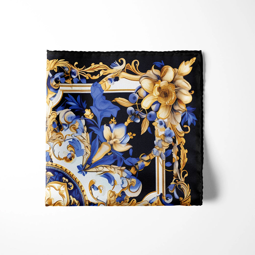 Genuine Silk Gold Baroque and Sapphire Bloom Pocket Square
