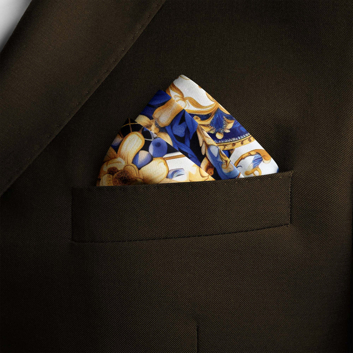 Genuine Silk Gold Baroque and Sapphire Bloom Pocket Square