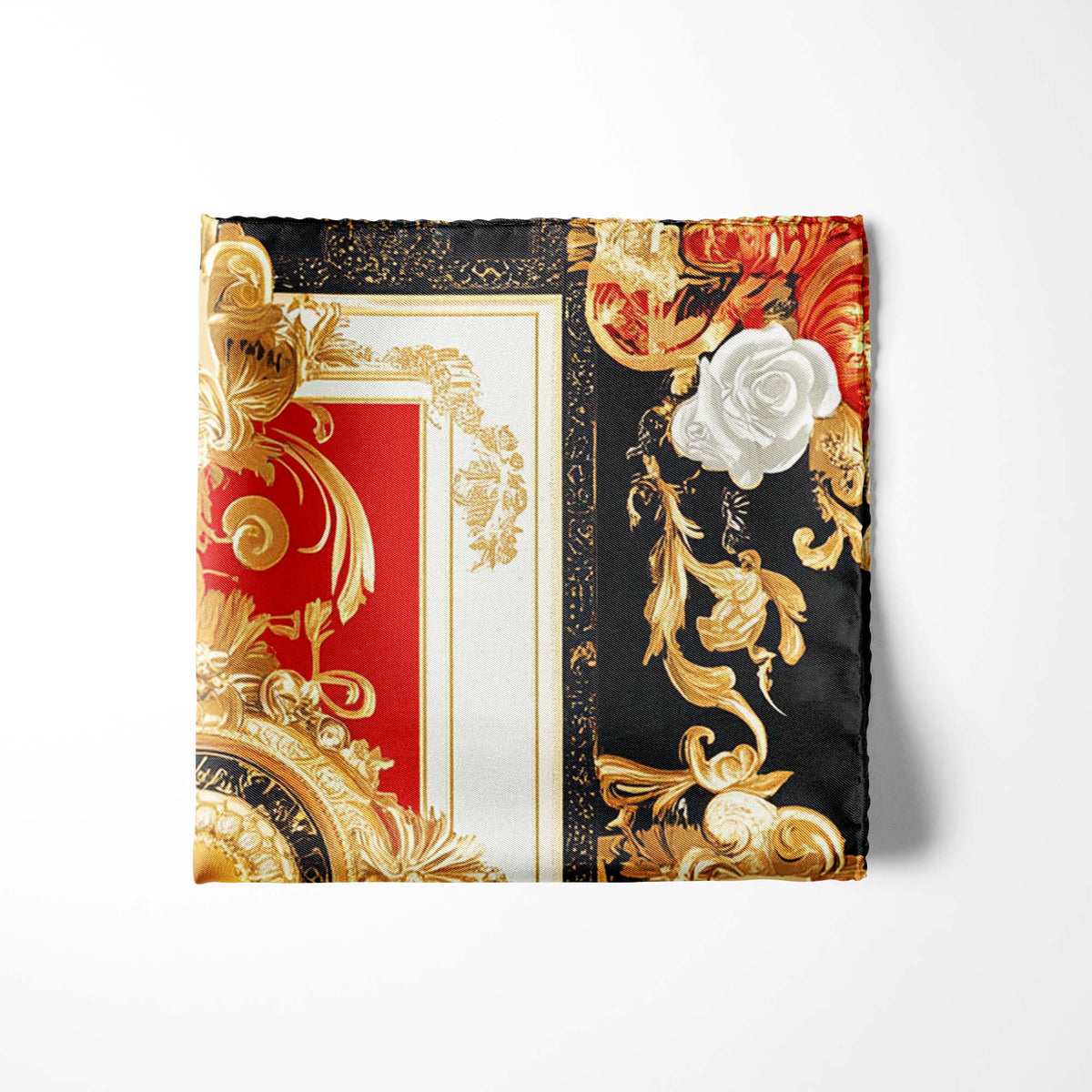 Genuine Silk Gold Baroque with White Roses Pocket Square