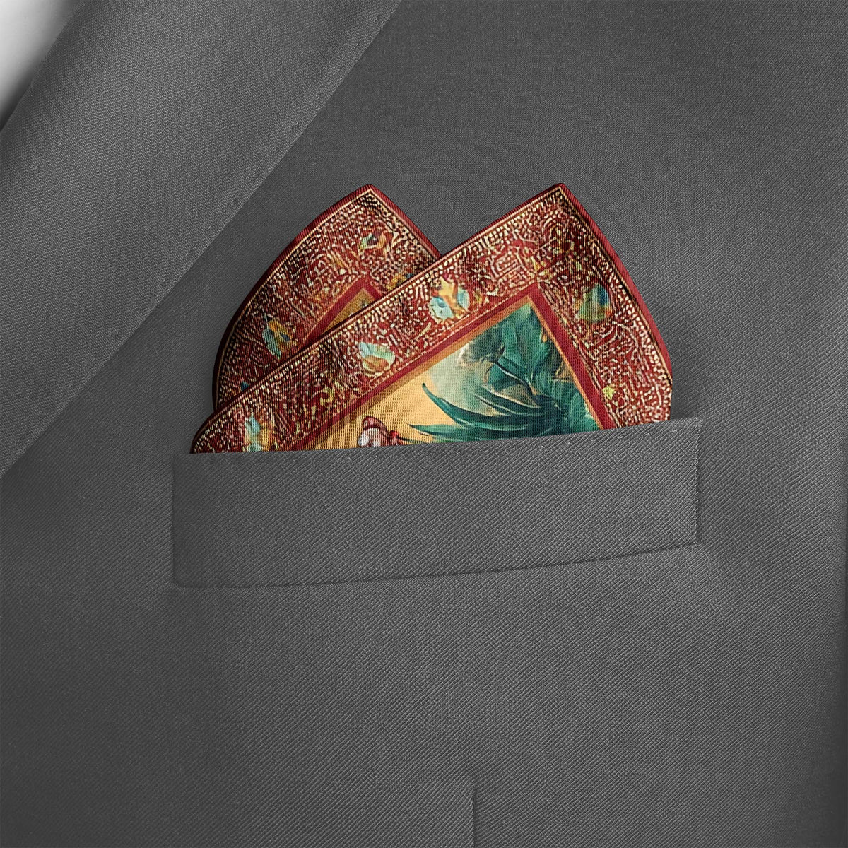 Genuine Silk Golden Canopy and Imperial Birds Pocket Square