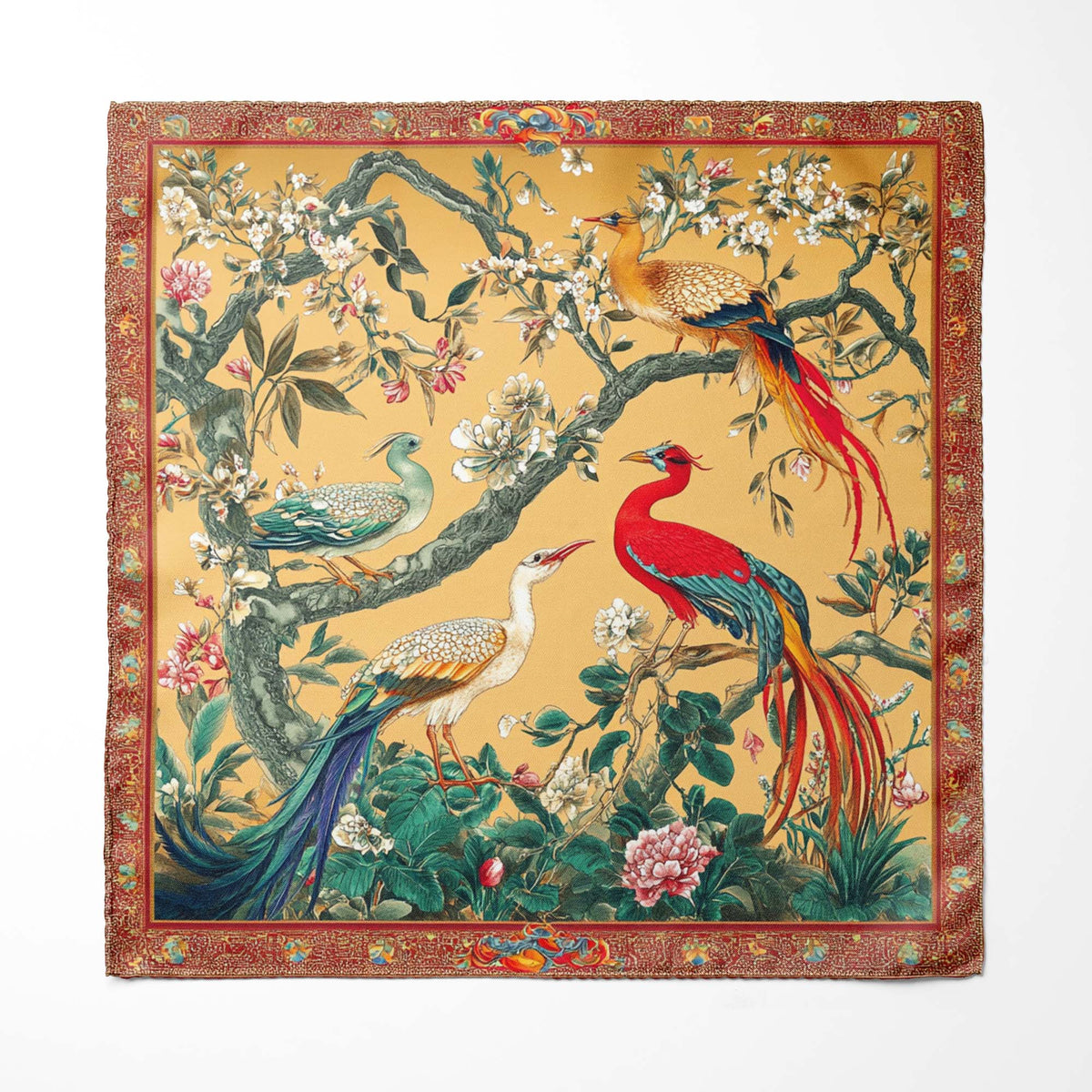 Genuine Silk Golden Canopy and Imperial Birds Pocket Square