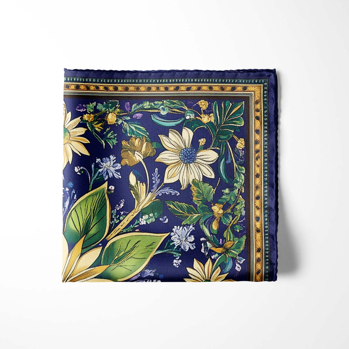 Genuine Silk Indigo Meadow and Golden Petal Pocket Square