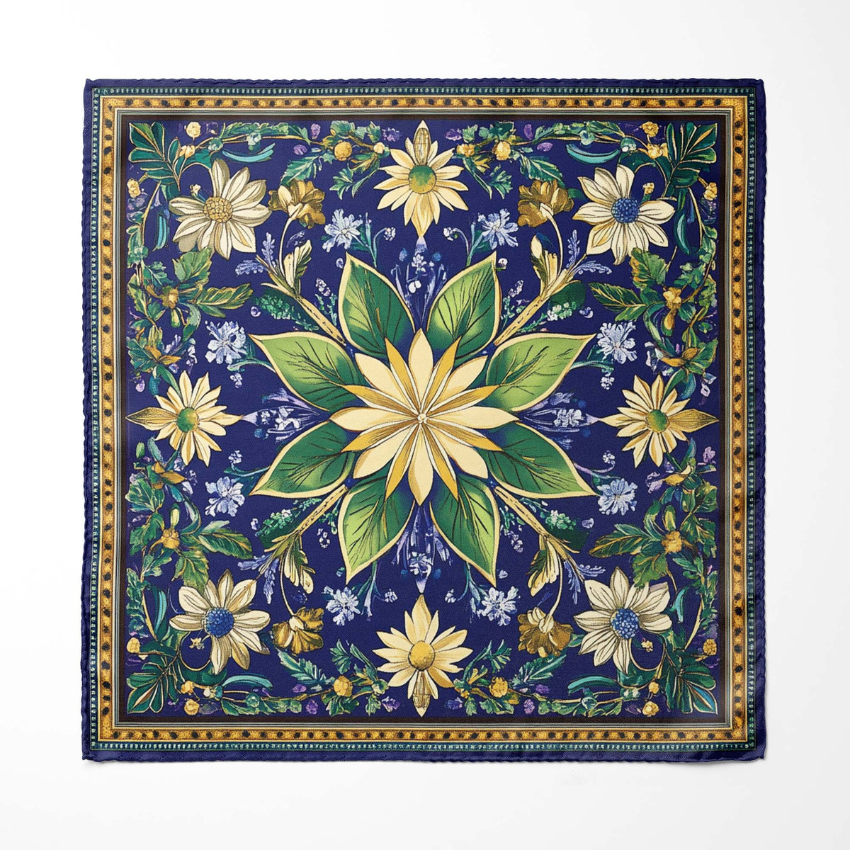 Genuine Silk Indigo Meadow and Golden Petal Pocket Square