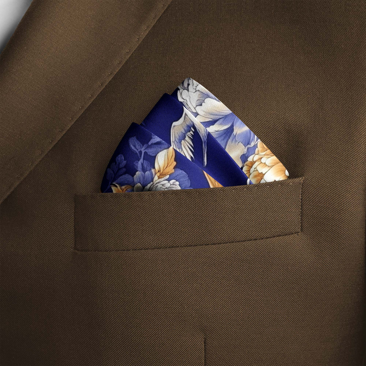 Genuine Silk Indigo and Gold Peony Floral Pocket Square