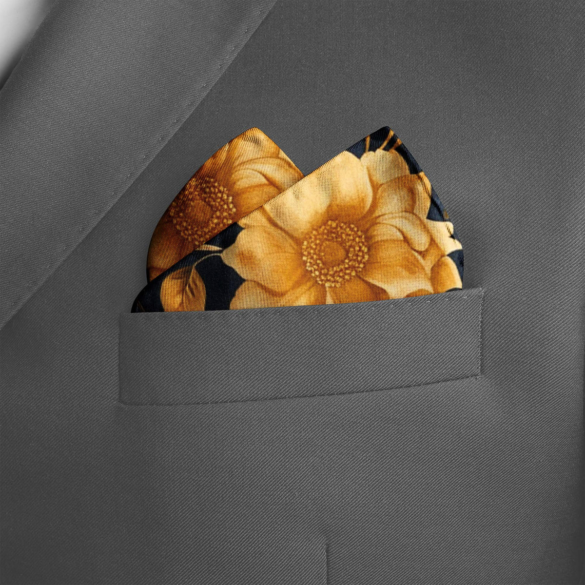 Genuine Silk Midnight Sparrow and Marigold Sky Pocket Square