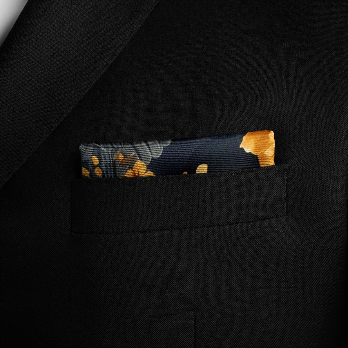 Genuine Silk Midnight Sparrow and Marigold Sky Pocket Square
