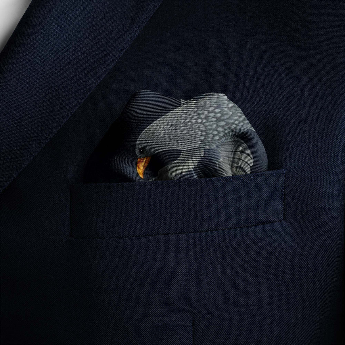 Genuine Silk Midnight Sparrow and Marigold Sky Pocket Square