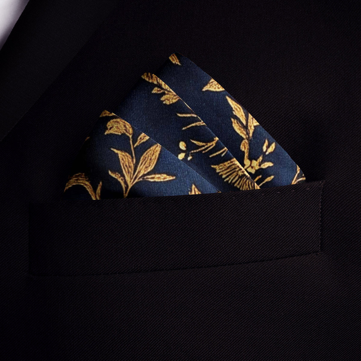 Genuine Silk Midnight and Gold Bird Flight Pocket Square