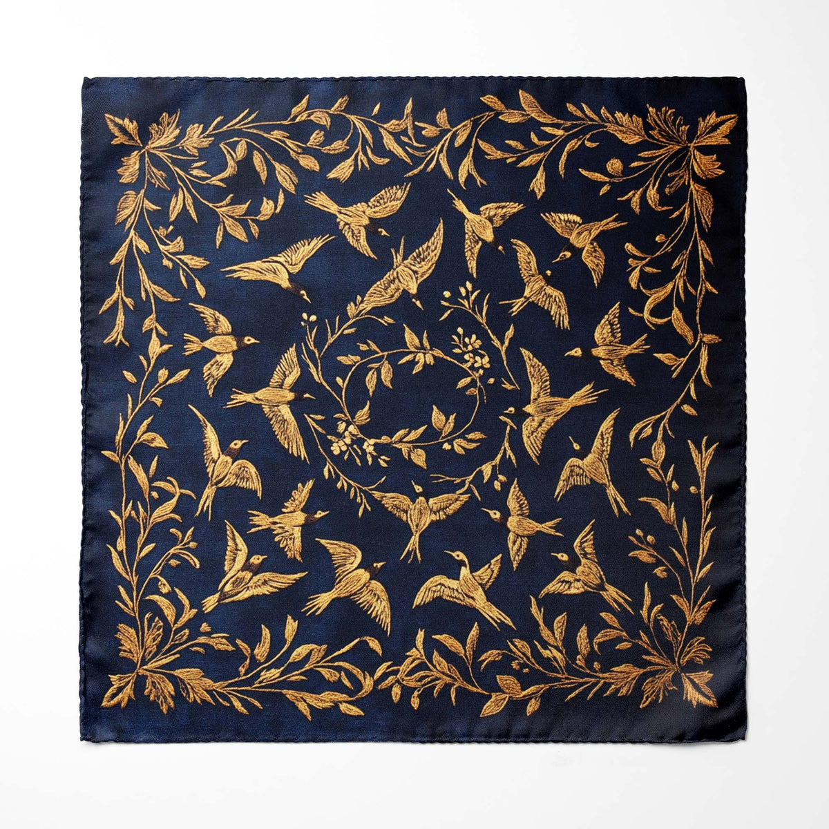 Genuine Silk Midnight and Gold Bird Flight Pocket Square