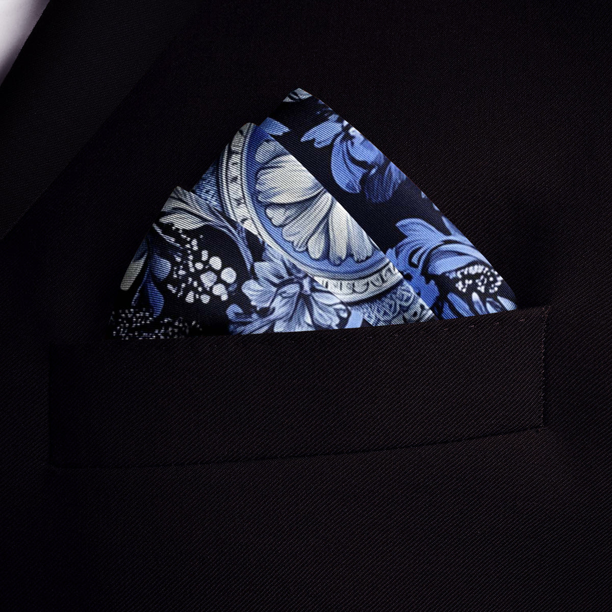 Genuine Silk Navy Delft Blossom Medallion Pocket Square