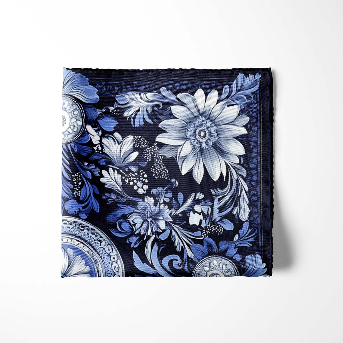 Genuine Silk Navy Delft Blossom Medallion Pocket Square