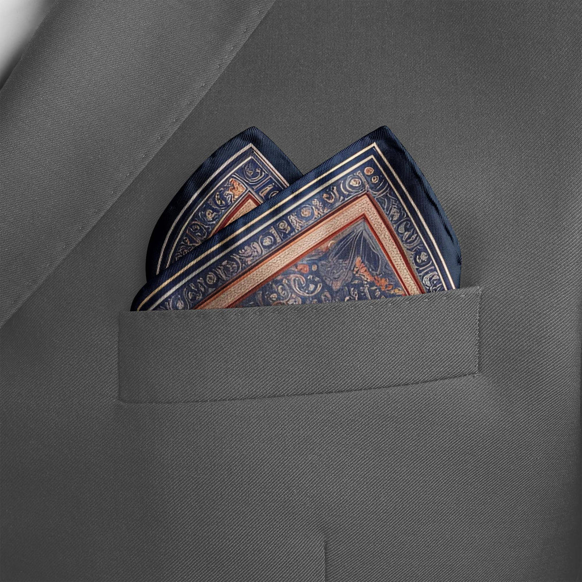Genuine Silk Navy Terracotta Mughal Palace Pocket Square