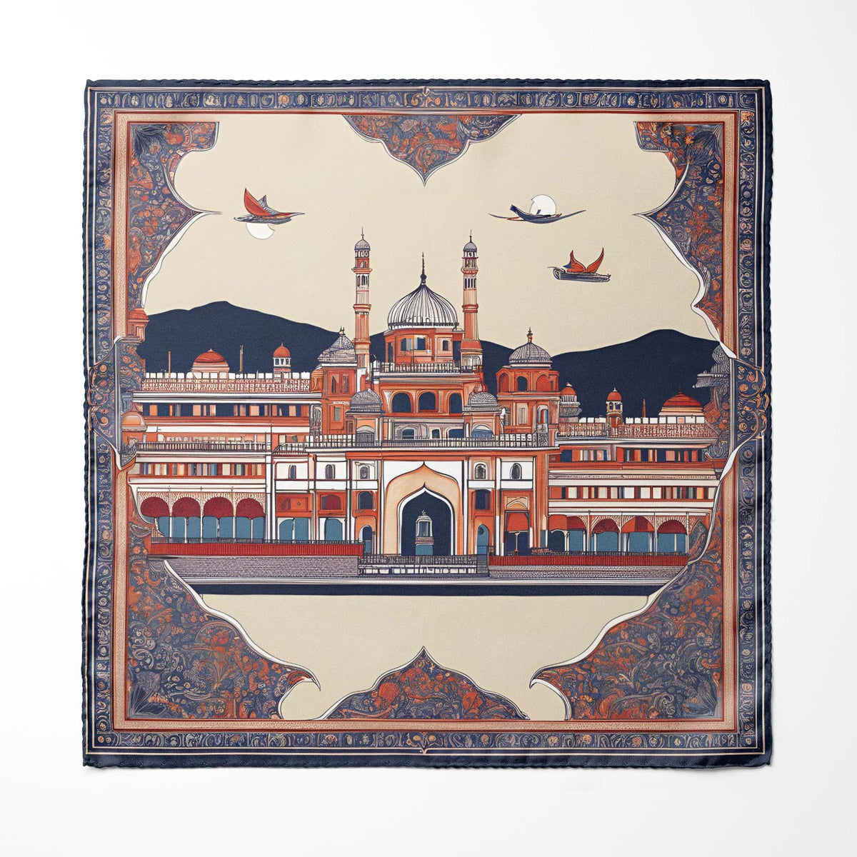 Genuine Silk Navy Terracotta Mughal Palace Pocket Square