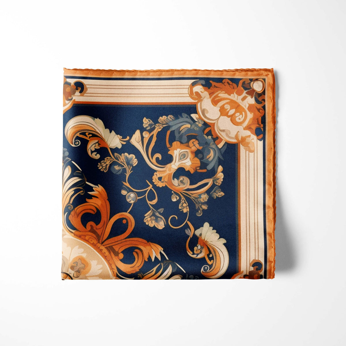 Genuine Silk Navy and Burnt Orange Laurel Crest Pocket Square