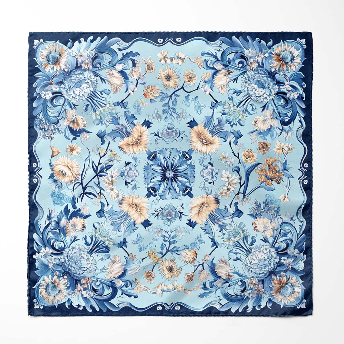 Genuine Silk Powder Blue Baroque Floral Pocket Square