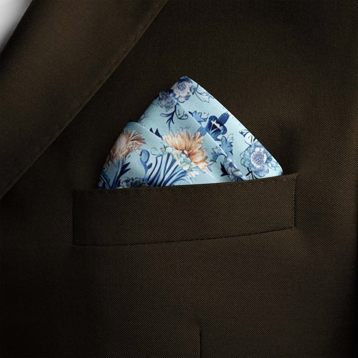 Genuine Silk Powder Blue Baroque Floral Pocket Square