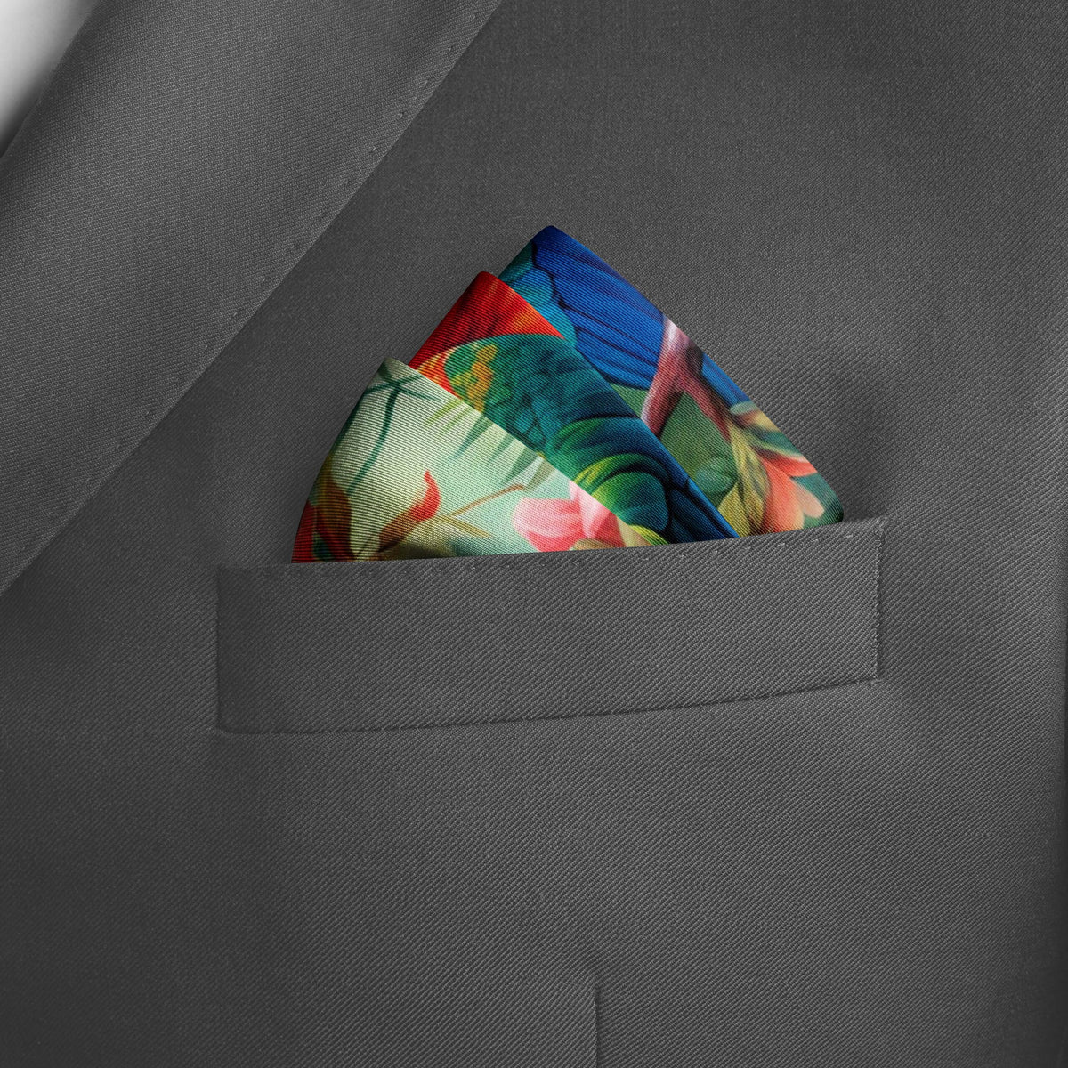 Genuine Silk Rainbow Macaws and Tropical Reverie Pocket Square