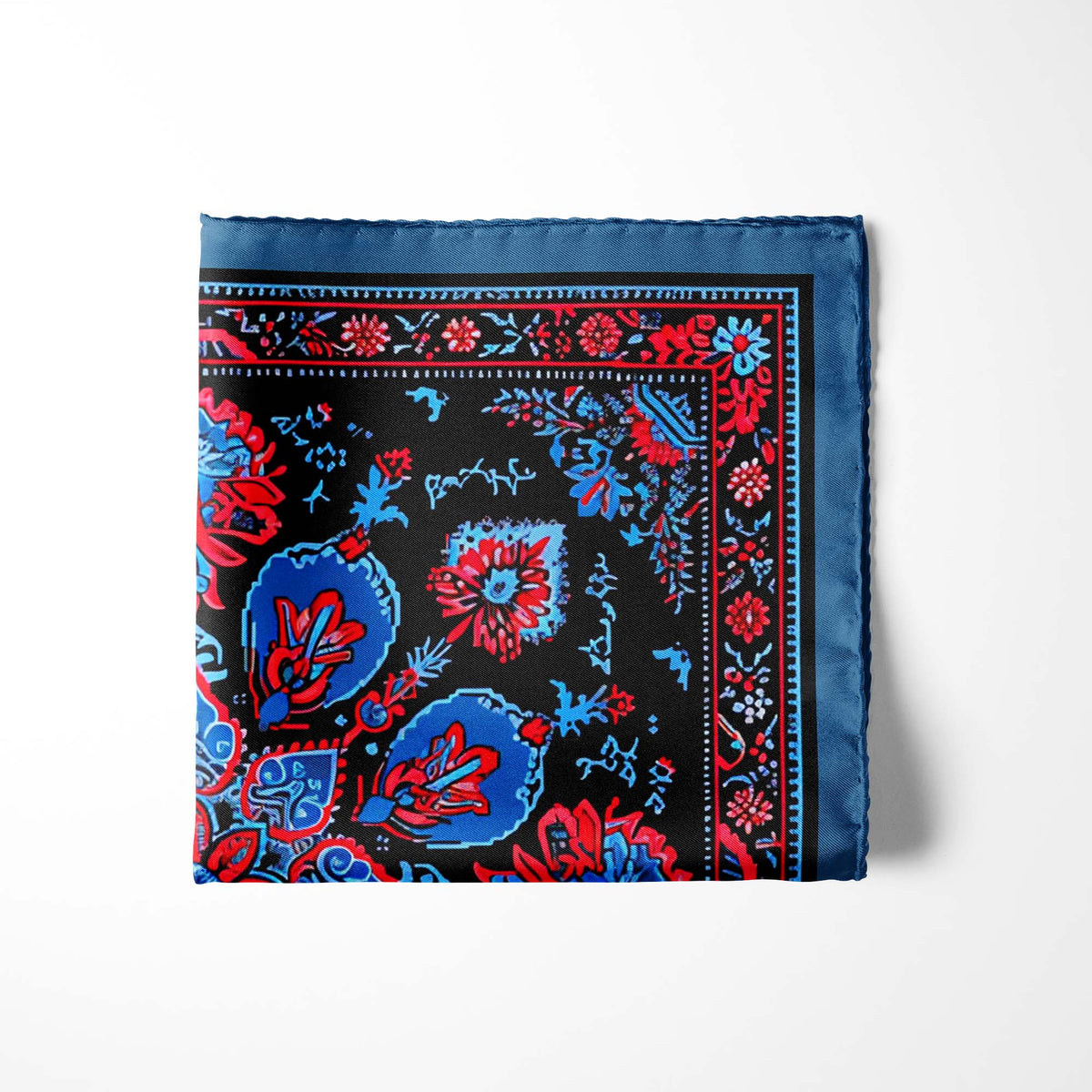 Genuine Silk Red, Blue & Black Floral Pocket Square