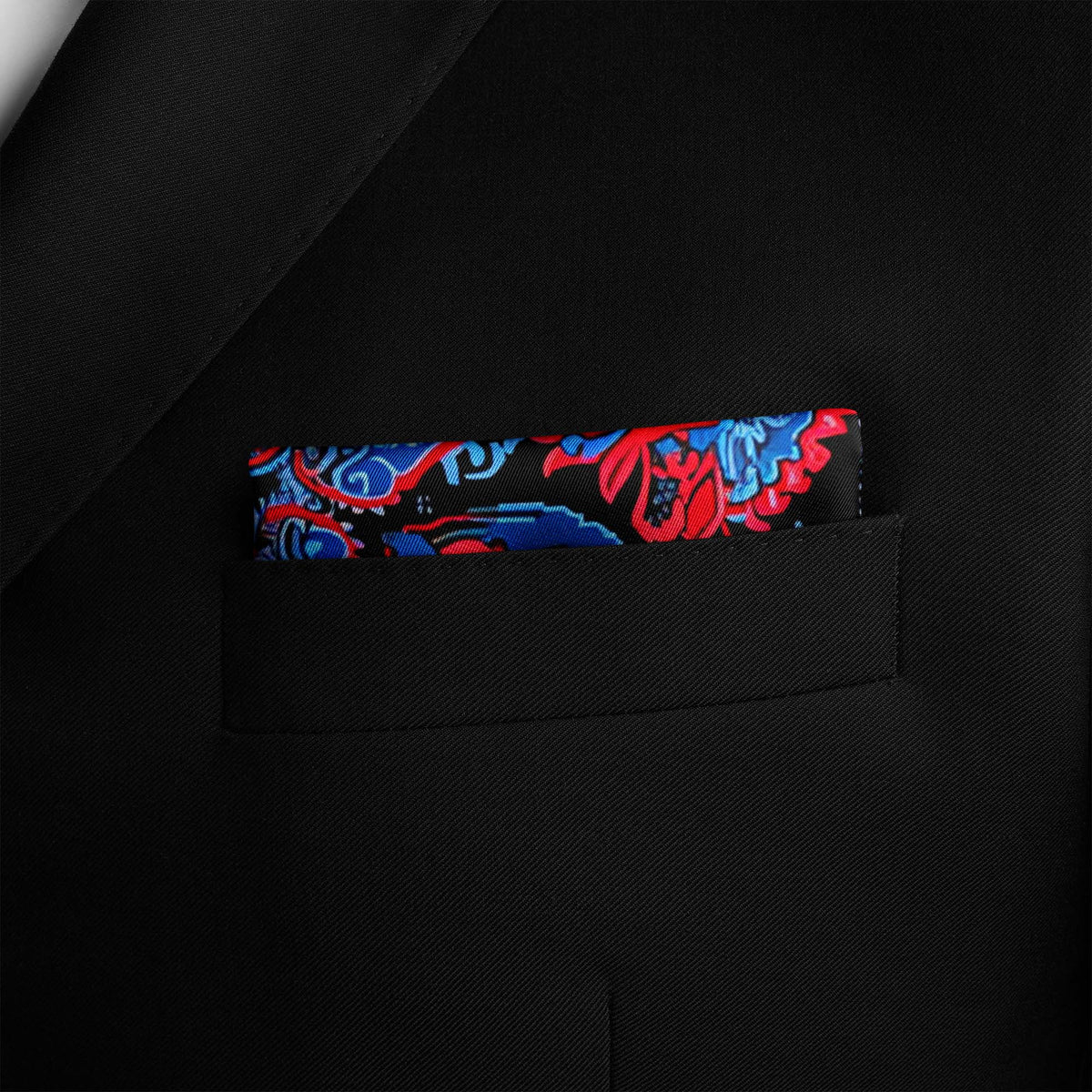 Genuine Silk Red, Blue & Black Floral Pocket Square