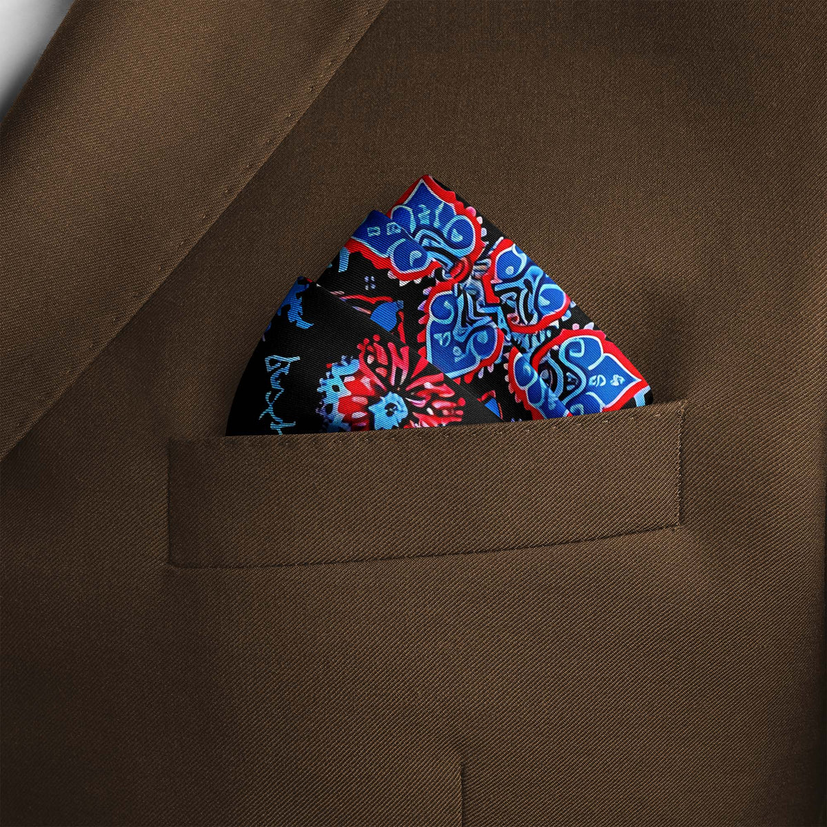 Genuine Silk Red, Blue & Black Floral Pocket Square