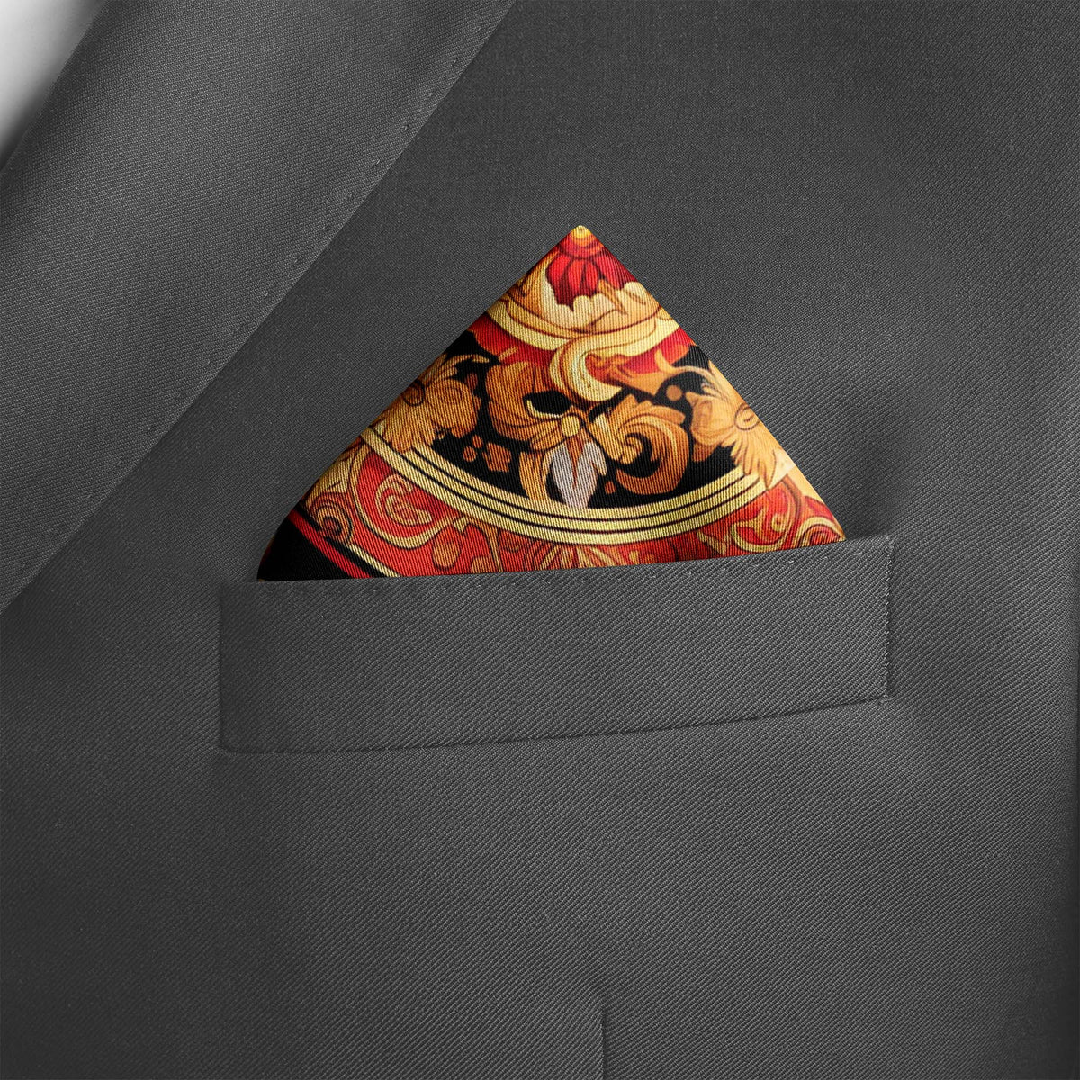 Genuine Silk Regal Red & Gold Baroque Medallion Pocket Square