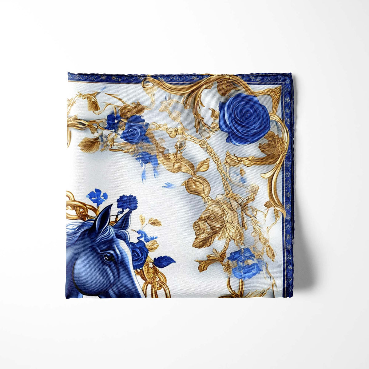 Genuine Silk Royal Blue Horse with Gold Chains Pocket Square