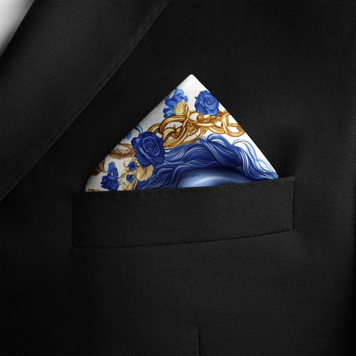 Genuine Silk Royal Blue Horse with Gold Chains Pocket Square