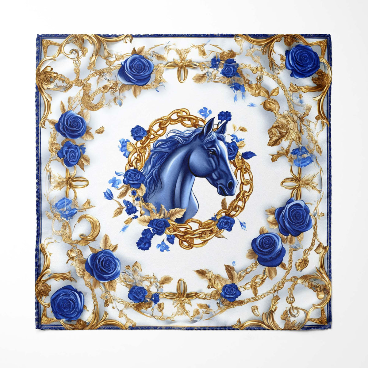 Genuine Silk Royal Blue Horse with Gold Chains Pocket Square