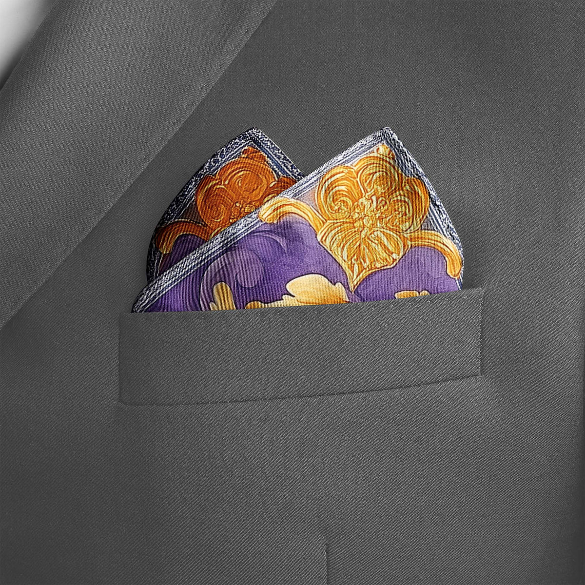 Genuine Silk Royal Violet and Marigold Floral Pocket Square