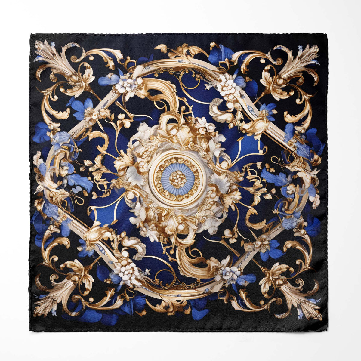 Genuine Silk Sapphire and Gold Rococo Medallion Pocket Square