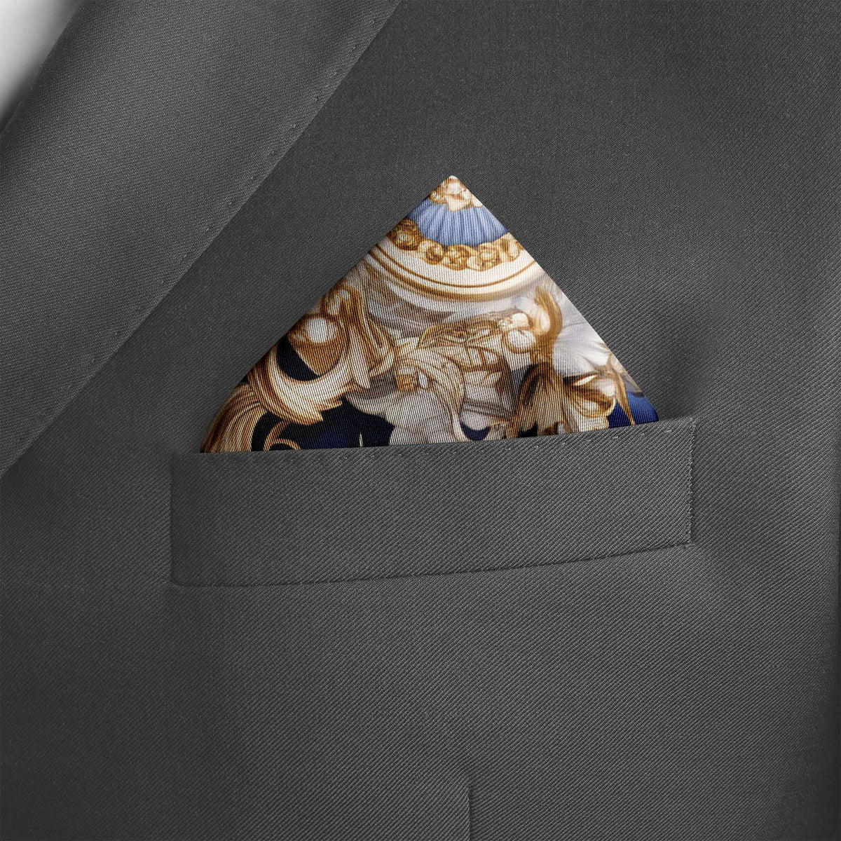 Genuine Silk Sapphire and Gold Rococo Medallion Pocket Square