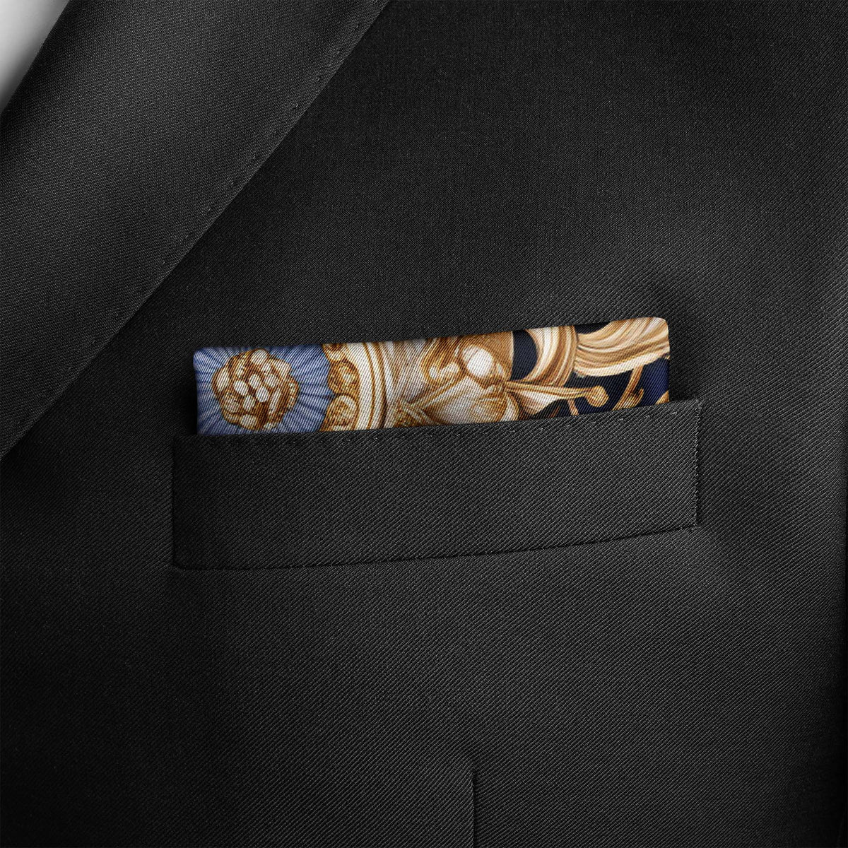 Genuine Silk Sapphire and Gold Rococo Medallion Pocket Square