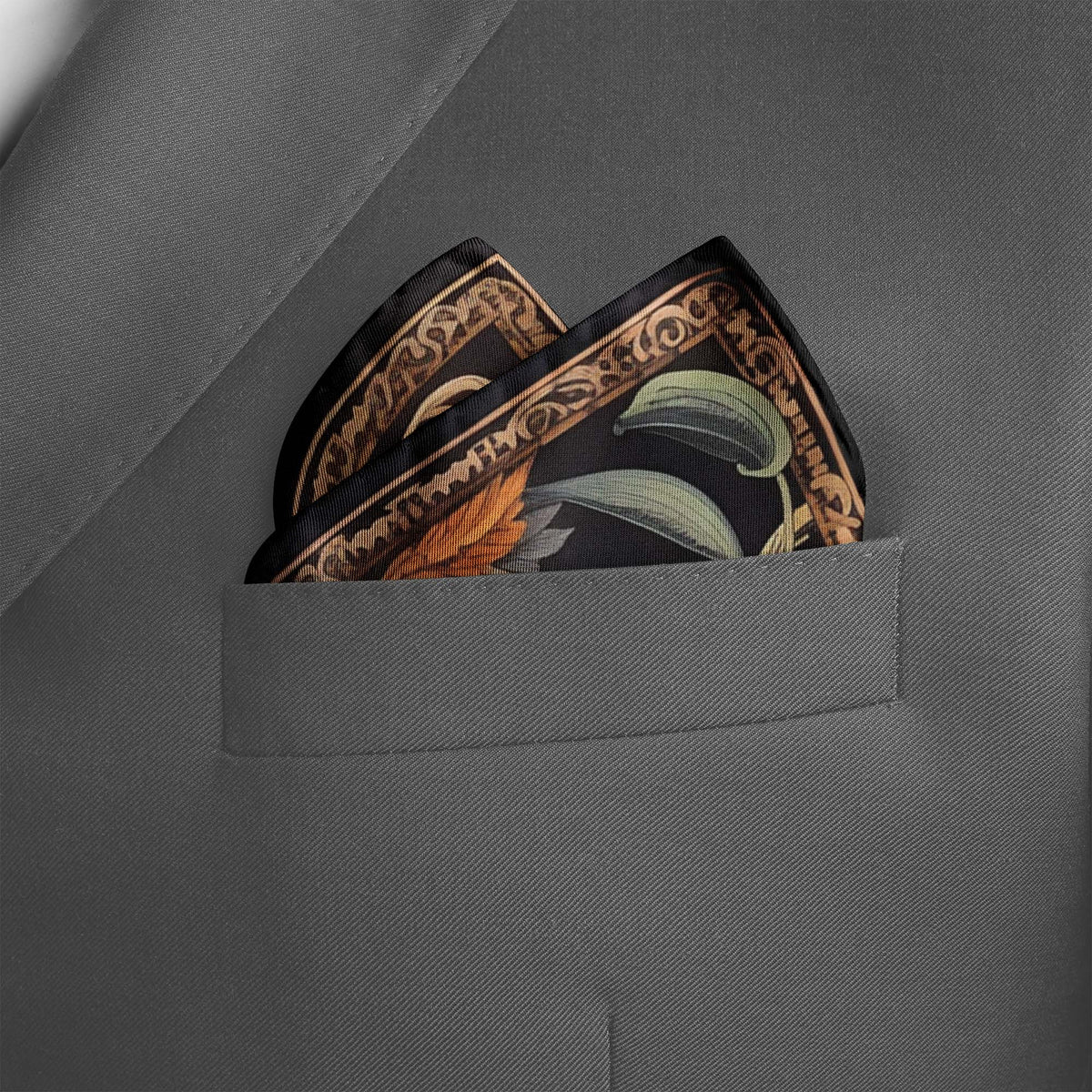Genuine Silk Scarlet Macaws and Jungle Bloom Pocket Square