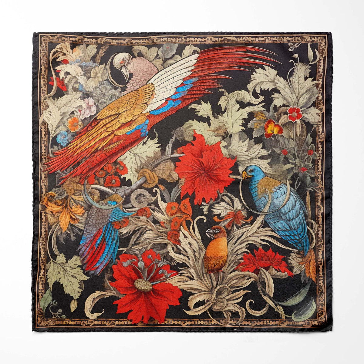 Genuine Silk Scarlet Macaws and Jungle Bloom Pocket Square