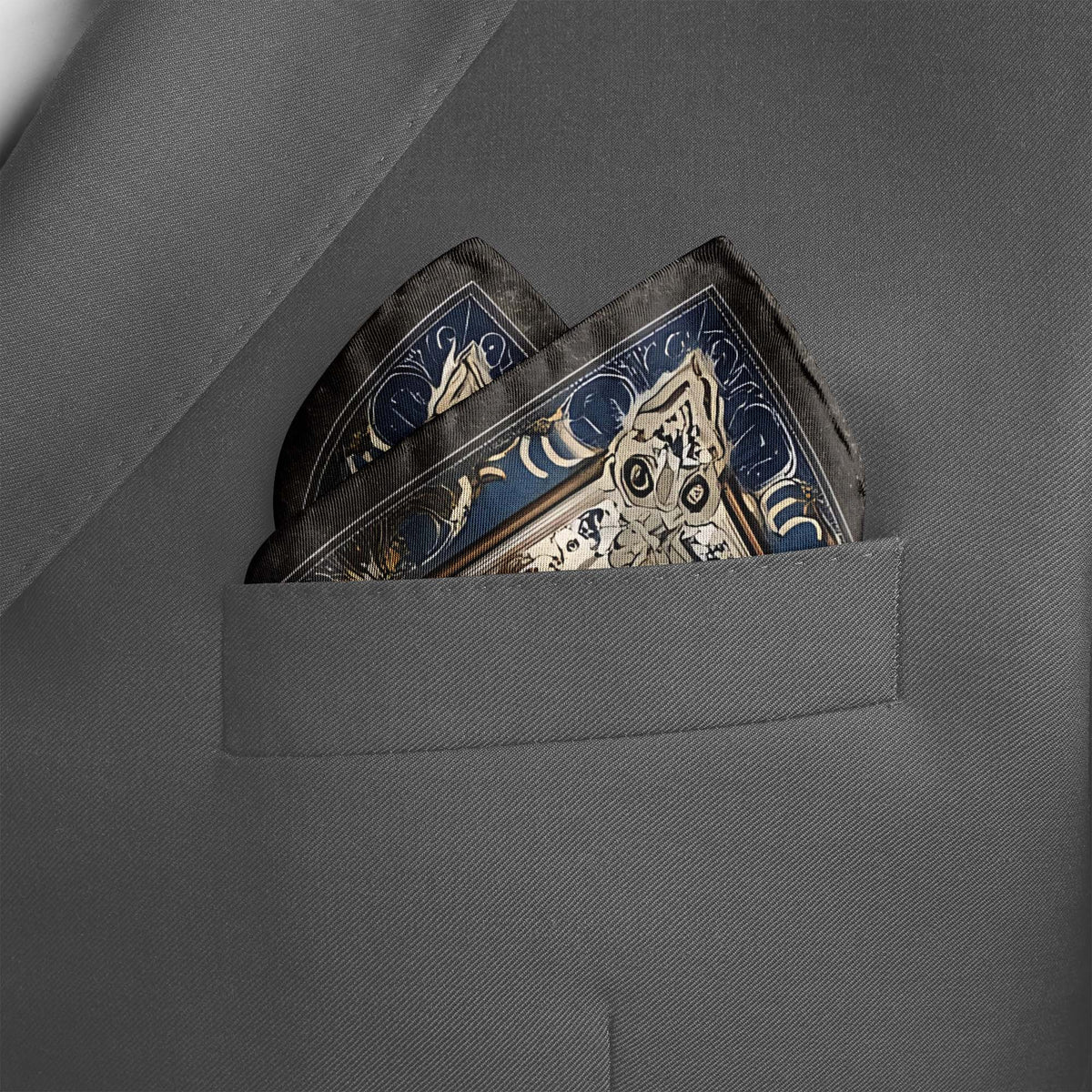 Genuine Silk Stonework Blue and Antique Floral Medallion Pocket Square
