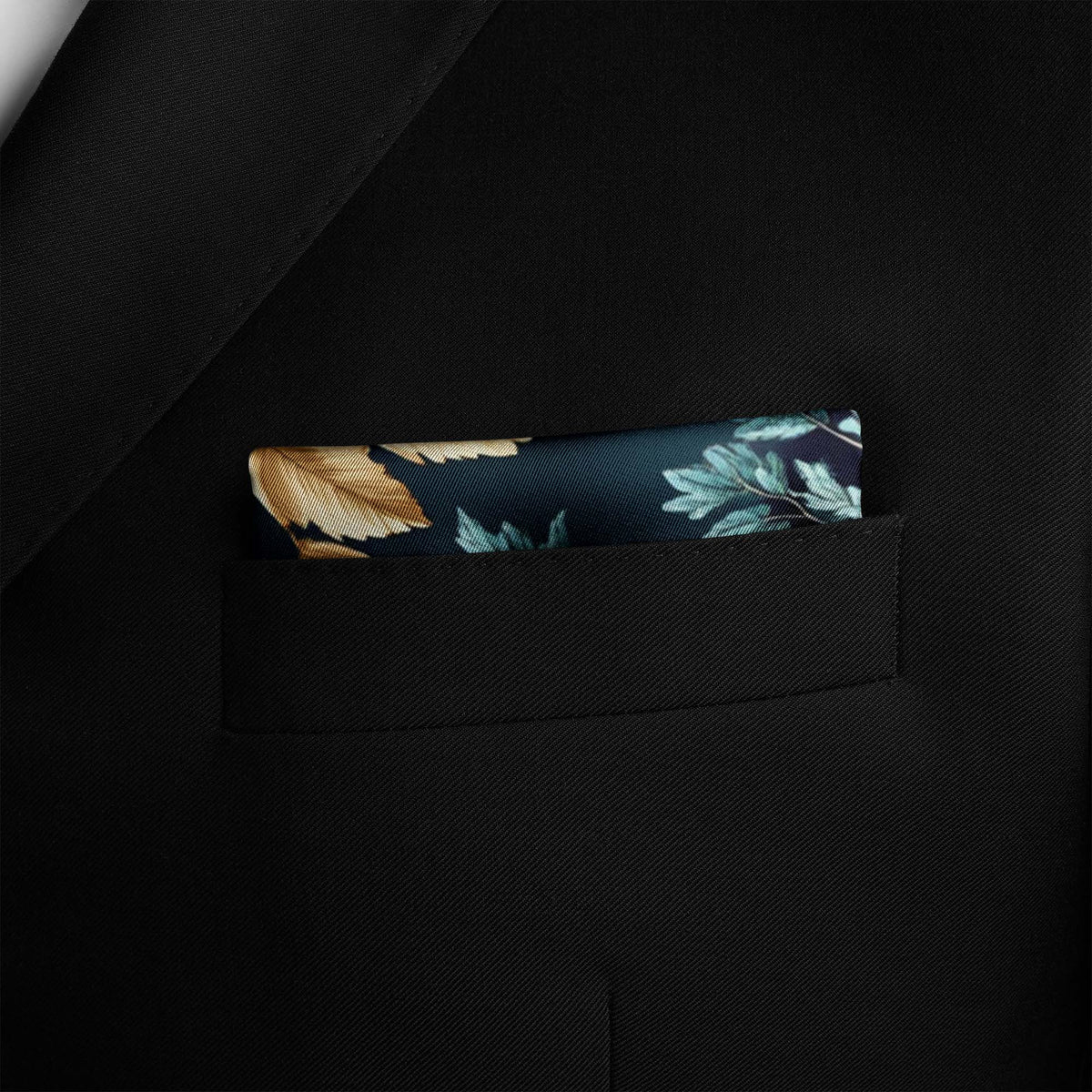 Genuine Silk Teal Gold Forest Botanical Pocket Square