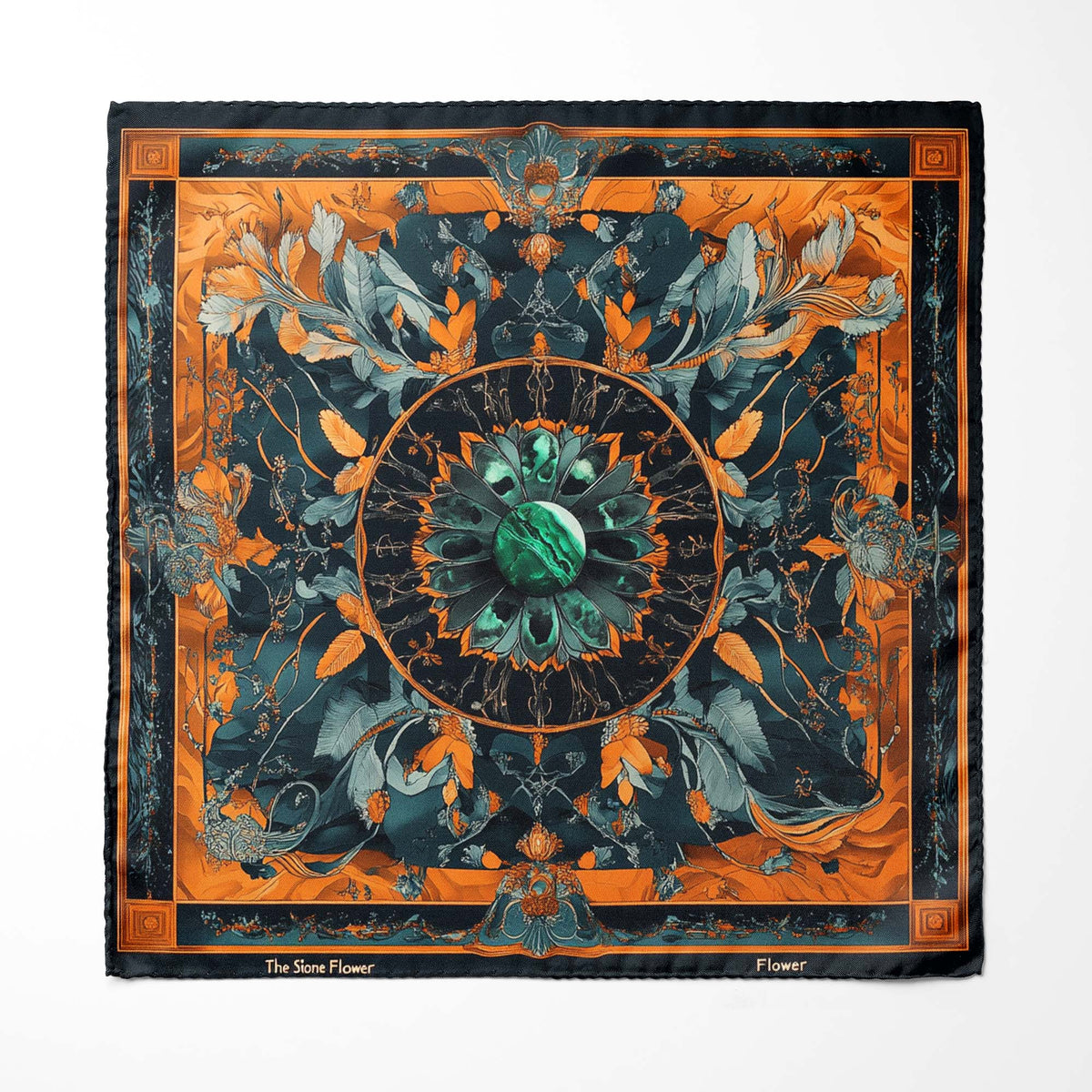 Genuine Silk Teal and Copper Stone Floral Pocket Square