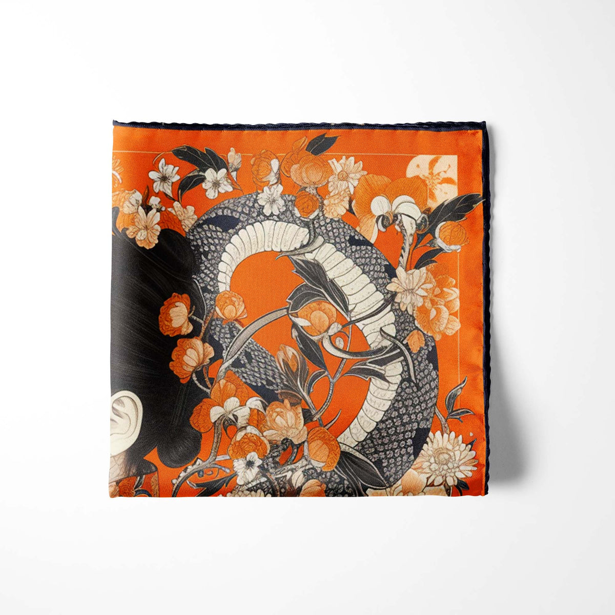 Genuine Silk Vermilion Empress and Serpent Bloom Pocket Square