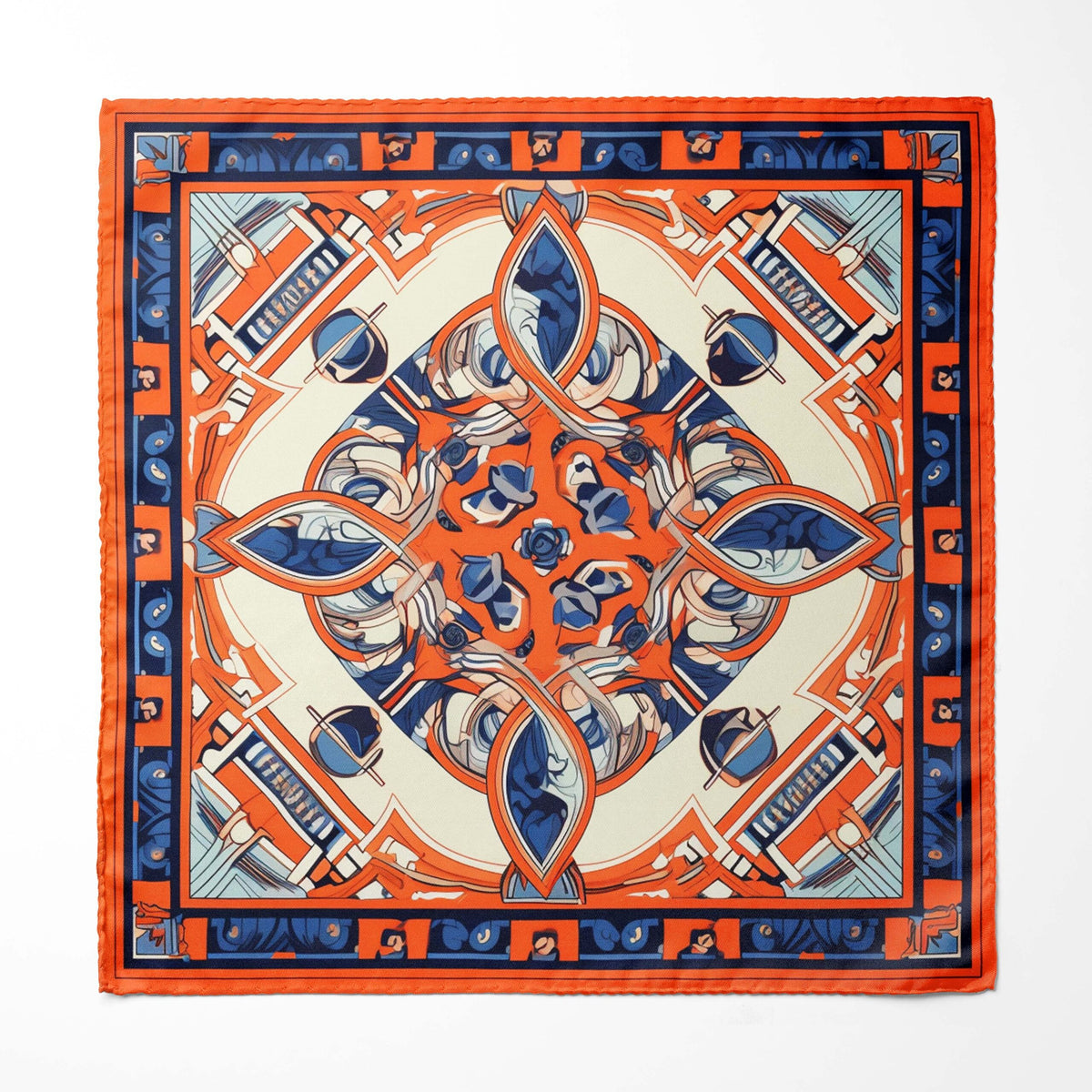 Genuine Silk Vermilion Labyrinth and Azure Echo Pocket Square