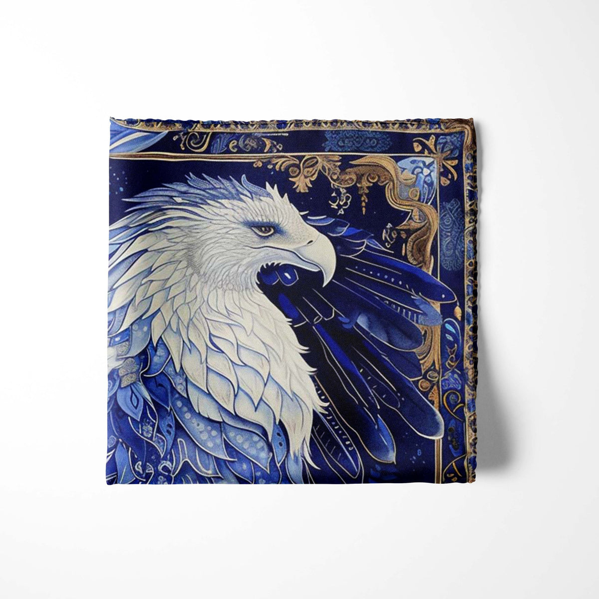 Genuine Silk Blue & Gold Mosaic Eagle Pocket Square