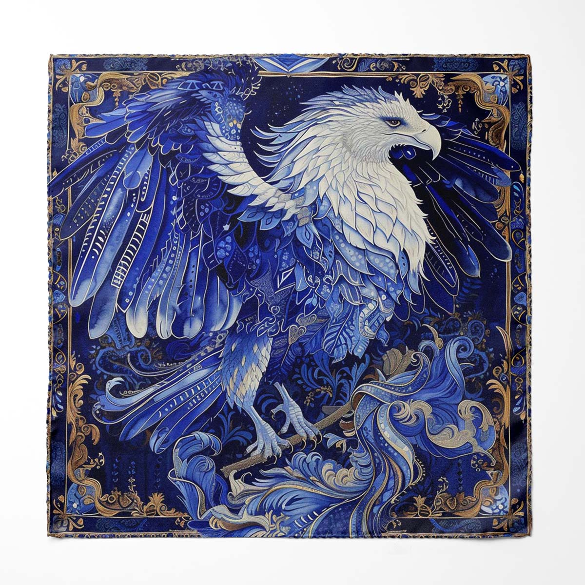 Genuine Silk Blue & Gold Mosaic Eagle Pocket Square