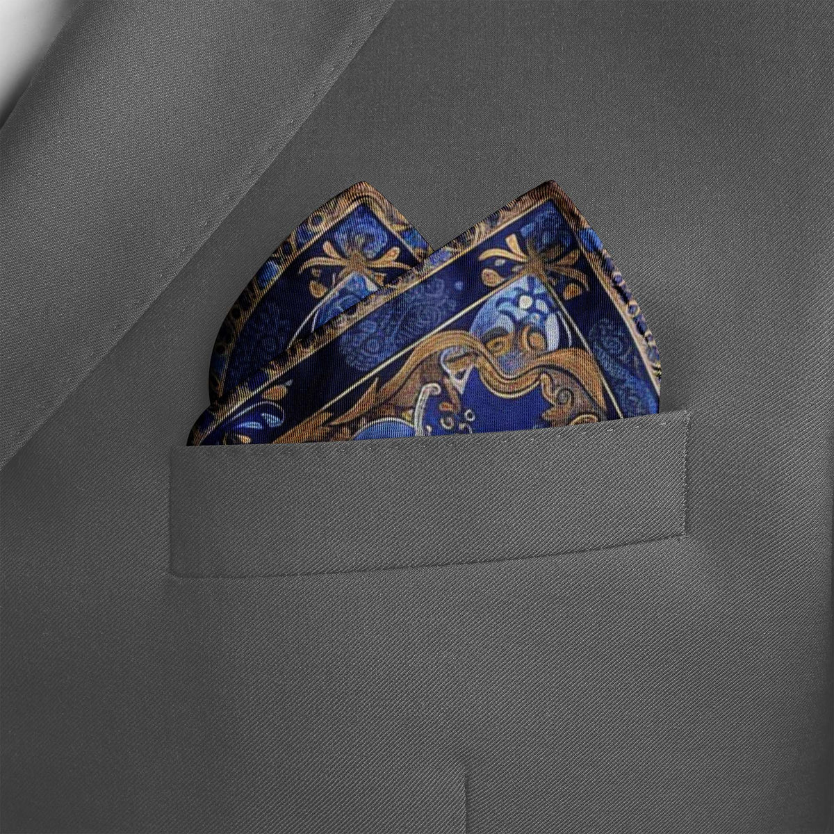Genuine Silk Blue & Gold Mosaic Eagle Pocket Square