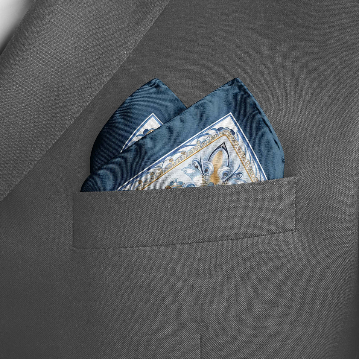 Genuine Silk Frosted Blue and Gold Mandala Pocket Square