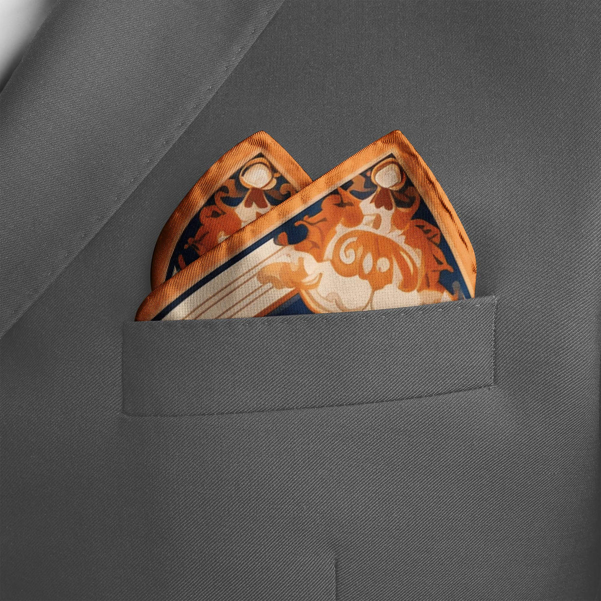 Genuine Silk Navy and Burnt Orange Laurel Crest Pocket Square
