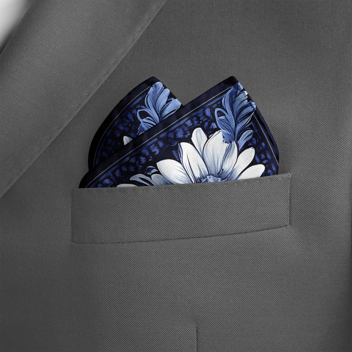 Genuine Silk Navy Delft Blossom Medallion Pocket Square