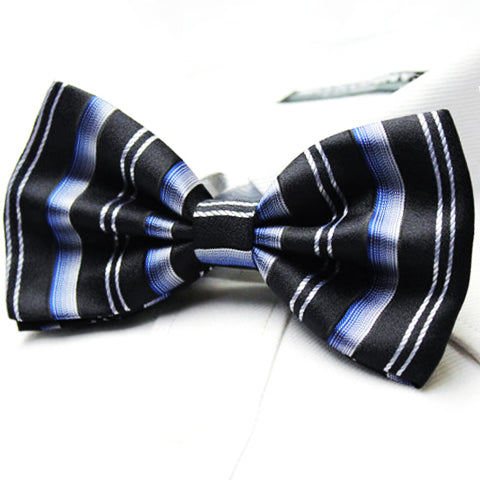Mens Blue Black White Stripes Bow Tie