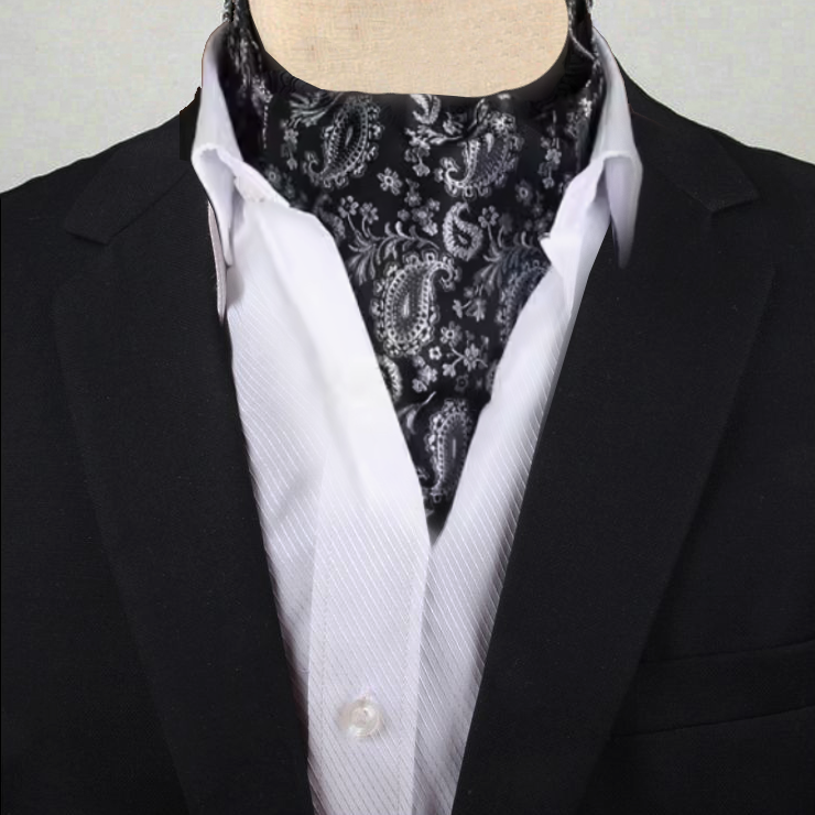 Black with White & Silver Paisley Ascot Cravat