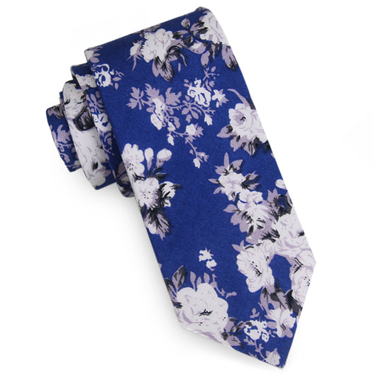 Mid Indigo Blue with White and Lilac Floral Pattern Men's Skinny
